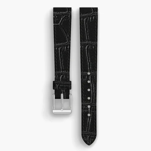 Black American Alligator Lined Watch Strap - handmade leather, 15/12mm cut, both halves grain side up, with the buckle fitted