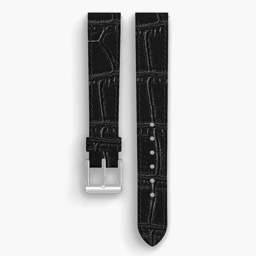 Black American Alligator Lined Watch Strap - handmade leather, 16/14mm cut, both halves grain side up, with the buckle fitted