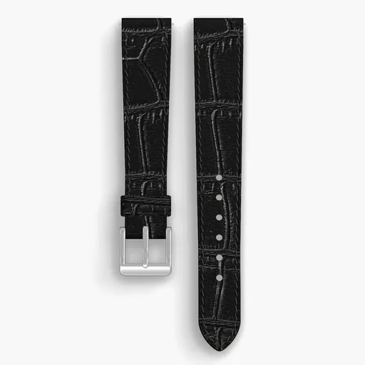 Black American Alligator Lined Watch Strap - handmade leather, 17/14mm cut, both halves grain side up, with the buckle fitted