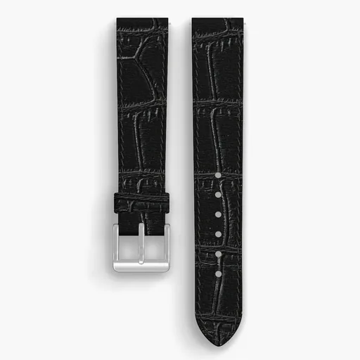 Black American Alligator Lined Watch Strap - handmade leather, 18/16mm cut, both halves grain side up, with the buckle fitted