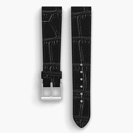 Black American Alligator Lined Watch Strap - handmade leather, 19/16mm cut, both halves grain side up, with the buckle fitted