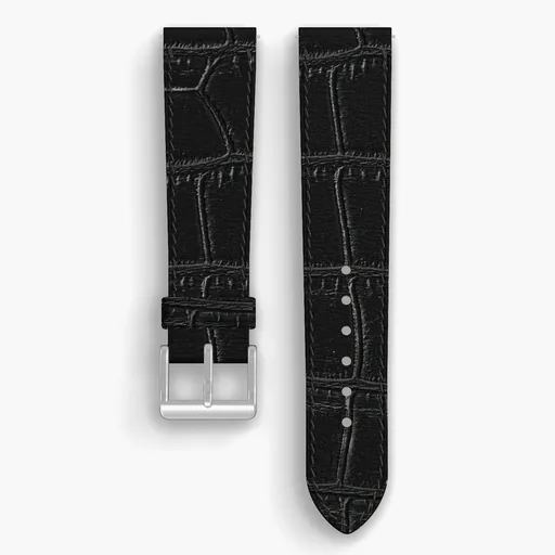 Black American Alligator Lined Watch Strap - handmade leather, 21/18mm cut, both halves grain side up, with the buckle fitted