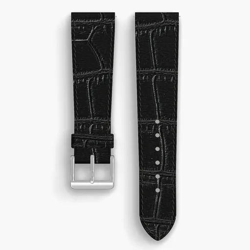 Black American Alligator Lined Watch Strap - handmade leather, 22/18mm cut, both halves grain side up, with the buckle fitted