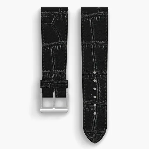 Black American Alligator Lined Watch Strap - handmade leather, 23/20mm cut, both halves grain side up, with the buckle fitted