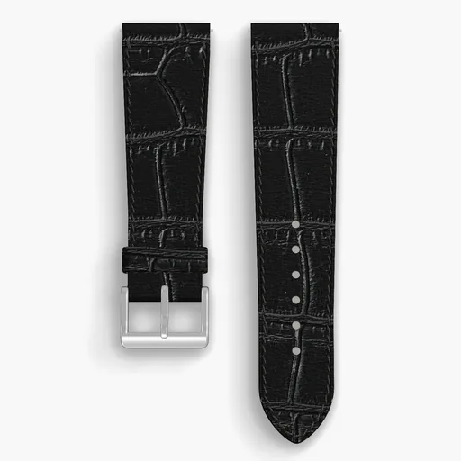 Black American Alligator Lined Watch Strap - handmade leather, 24/20mm cut, both halves grain side up, with the buckle fitted
