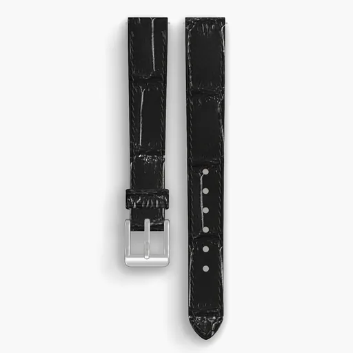 Black American Alligator Tail Lined Watch Strap - handmade leather, 14/12mm cut, both halves grain side up, with the buckle fitted