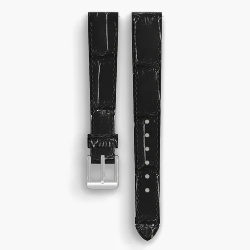 Black American Alligator Tail Lined Watch Strap - handmade leather, 15/12mm cut, both halves grain side up, with the buckle fitted