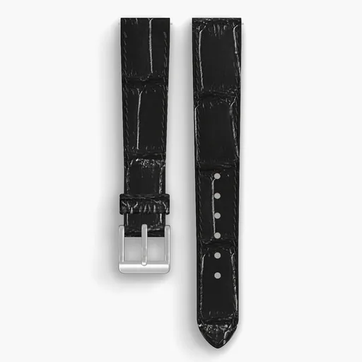 Black American Alligator Tail Lined Watch Strap - handmade leather, 17/14mm cut, both halves grain side up, with the buckle fitted