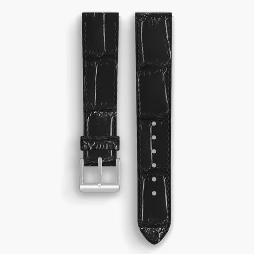 Black American Alligator Tail Lined Watch Strap - handmade leather, 18/16mm cut, both halves grain side up, with the buckle fitted