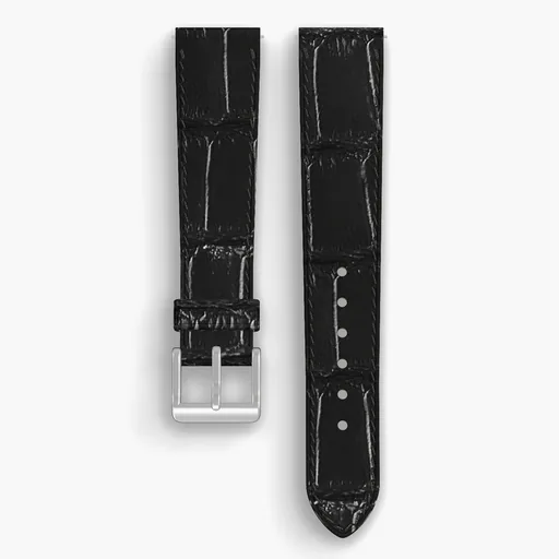 Black American Alligator Tail Lined Watch Strap - handmade leather, 19/16mm cut, both halves grain side up, with the buckle fitted