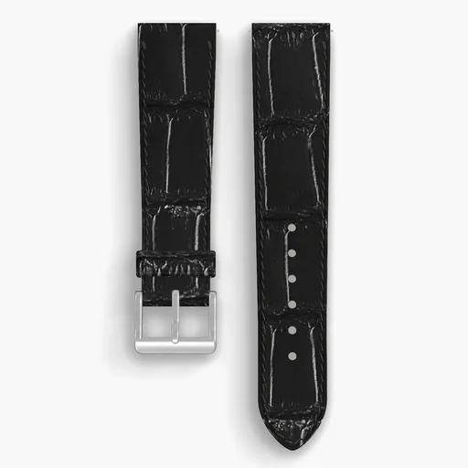 Black American Alligator Tail Lined Watch Strap - handmade leather, 21/18mm cut, both halves grain side up, with the buckle fitted