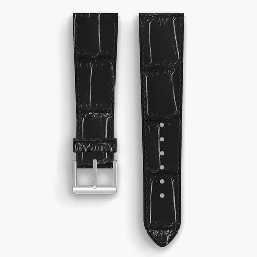 Black American Alligator Tail Lined Watch Strap - handmade leather, 22/18mm cut, both halves grain side up, with the buckle fitted