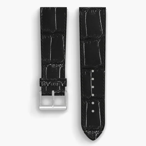 Black American Alligator Tail Lined Watch Strap - handmade leather, 23/20mm cut, both halves grain side up, with the buckle fitted