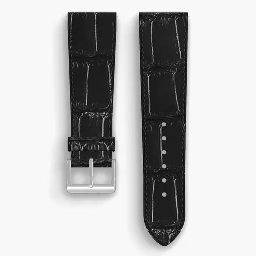 Black American Alligator Tail Lined Watch Strap - handmade leather, 24/20mm cut, both halves grain side up, with the buckle fitted