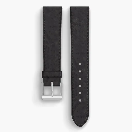 Black Derby Lined Watch Strap - handmade Horween leather, 18/16mm cut, both halves grain side up, with the buckle fitted