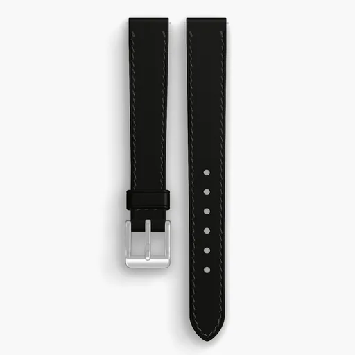 Black Shell Cordovan Unlined Watch Strap - handmade Horween leather, 14/12mm cut, both halves grain side up, with the buckle fitted