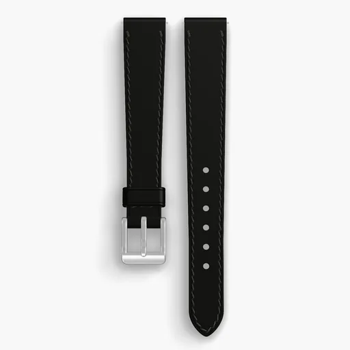 Black Shell Cordovan Unlined Watch Strap - handmade Horween leather, 15/12mm cut, both halves grain side up, with the buckle fitted