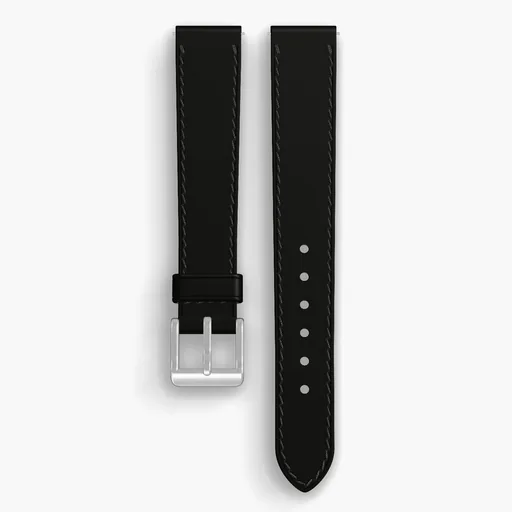 Black Shell Cordovan Unlined Watch Strap - handmade Horween leather, 16/14mm cut, both halves grain side up, with the buckle fitted
