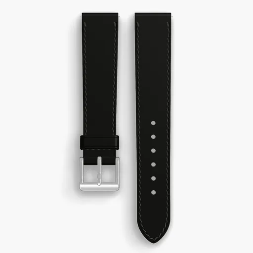 Black Shell Cordovan Unlined Watch Strap - handmade Horween leather, 18/16mm cut, both halves grain side up, with the buckle fitted