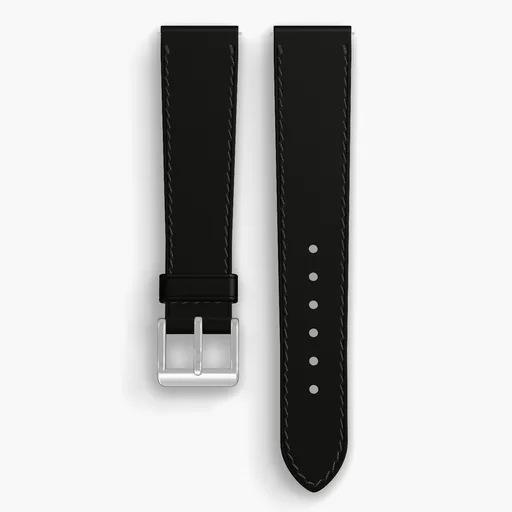 Black Shell Cordovan Unlined Watch Strap - handmade Horween leather, 19/16mm cut, both halves grain side up, with the buckle fitted