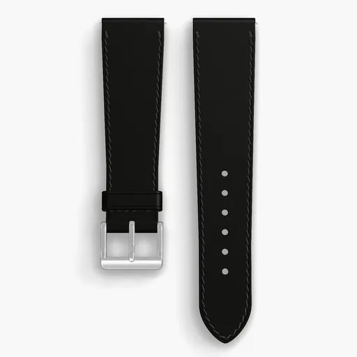 Black Shell Cordovan Unlined Watch Strap - handmade Horween leather, 22/18mm cut, both halves grain side up, with the buckle fitted