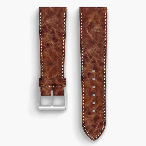 Bronze Derby Lined Watch Strap - handmade Horween leather, 24/20mm cut, both halves grain side up, with the buckle fitted