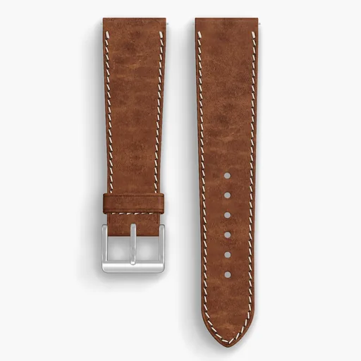 Brown Cypress Lined Watch Strap - handmade Horween leather, 22/18mm cut, both halves grain side up, with the buckle fitted