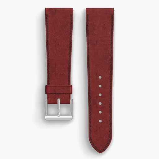 Burgundy Cypress Lined Watch Strap - handmade Horween leather, 22/18mm cut, both halves grain side up, with the buckle fitted