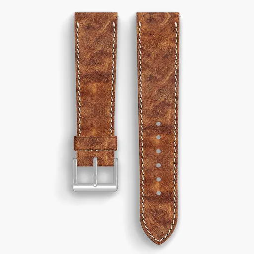 Copper Derby Lined Watch Strap - handmade Horween leather, 21/18mm cut, both halves grain side up, with the buckle fitted