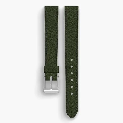 Green Aspen Lined Watch Strap - handmade Horween leather, 14/12mm cut, both halves grain side up, with the buckle fitted