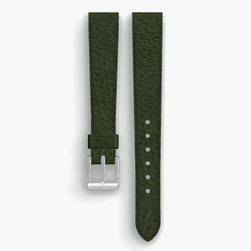 Green Aspen Lined Watch Strap - handmade Horween leather, 15/12mm cut, both halves grain side up, with the buckle fitted