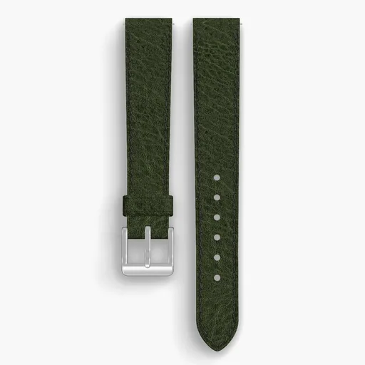 Green Aspen Lined Watch Strap - handmade Horween leather, 16/14mm cut, both halves grain side up, with the buckle fitted