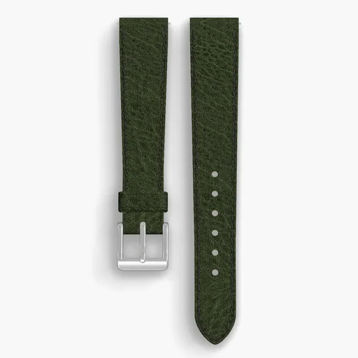 Green Aspen Lined Watch Strap - handmade Horween leather, 17/14mm cut, both halves grain side up, with the buckle fitted