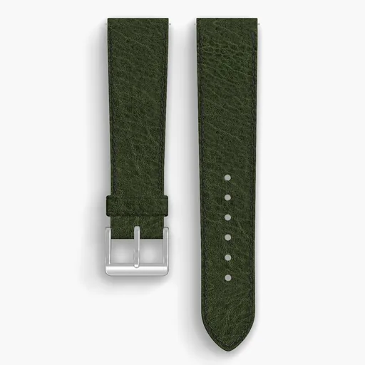Green Aspen Lined Watch Strap - handmade Horween leather, 21/18mm cut, both halves grain side up, with the buckle fitted