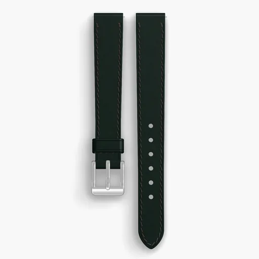 Green Shell Cordovan Unlined Watch Strap - handmade Horween leather, 14/12mm cut, both halves grain side up, with the buckle fitted