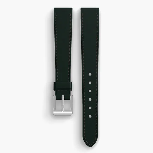 Green Shell Cordovan Unlined Watch Strap - handmade Horween leather, 15/12mm cut, both halves grain side up, with the buckle fitted