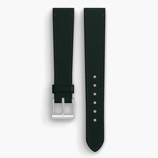 Green Shell Cordovan Unlined Watch Strap - handmade Horween leather, 17/14mm cut, both halves grain side up, with the buckle fitted