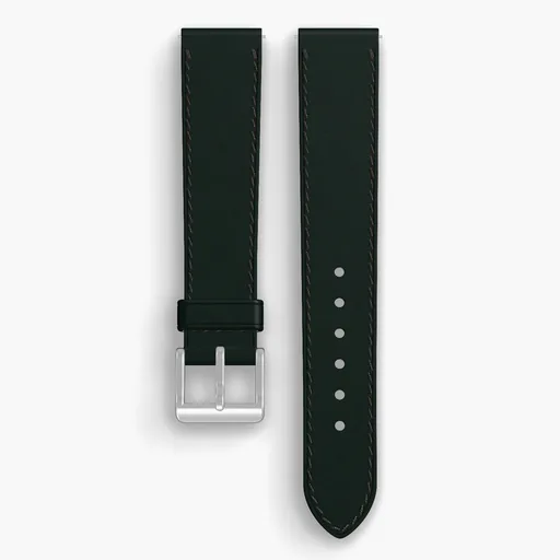 Green Shell Cordovan Unlined Watch Strap - handmade Horween leather, 18/16mm cut, both halves grain side up, with the buckle fitted