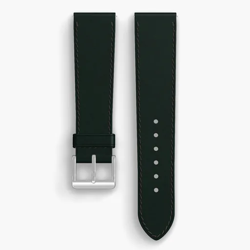 Green Shell Cordovan Unlined Watch Strap - handmade Horween leather, 21/18mm cut, both halves grain side up, with the buckle fitted