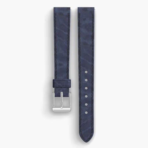 Navy Cypress Lined Watch Strap - handmade Horween leather, 14/12mm cut, both halves grain side up, with the buckle fitted