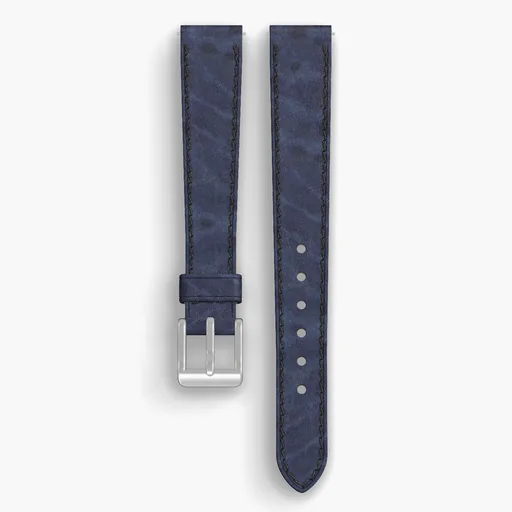 Navy Cypress Lined Watch Strap - handmade Horween leather, 15/12mm cut, both halves grain side up, with the buckle fitted