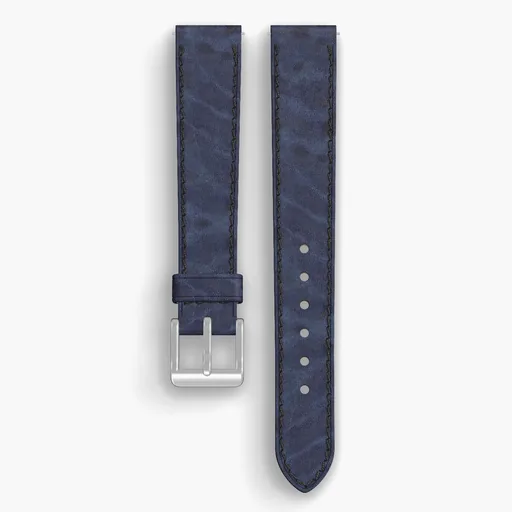 Navy Cypress Lined Watch Strap - handmade Horween leather, 16/14mm cut, both halves grain side up, with the buckle fitted