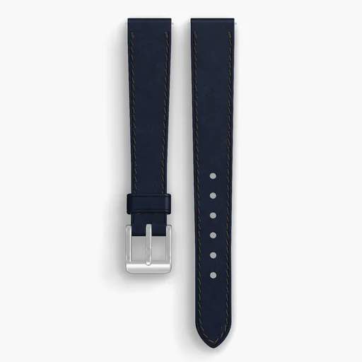Navy Shell Cordovan Unlined Watch Strap - handmade Horween leather, 15/12mm cut, both halves grain side up, with the buckle fitted