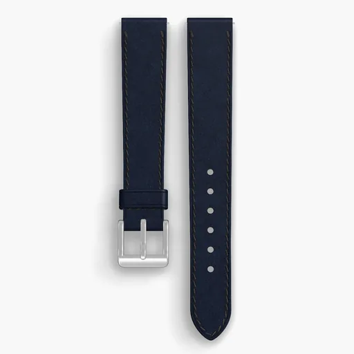 Navy Shell Cordovan Unlined Watch Strap - handmade Horween leather, 16/14mm cut, both halves grain side up, with the buckle fitted