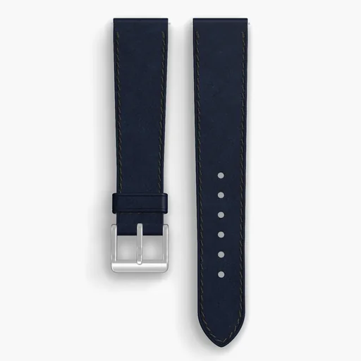 Navy Shell Cordovan Unlined Watch Strap - handmade Horween leather, 19/16mm cut, both halves grain side up, with the buckle fitted