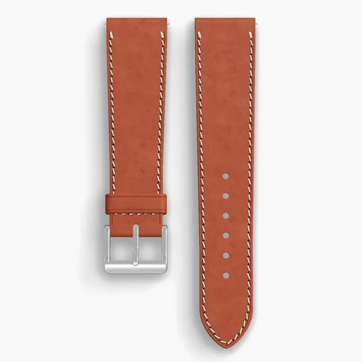Tan Cypress Lined Watch Strap - handmade Horween leather, 21/18mm cut, both halves grain side up, with the buckle fitted