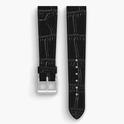 Black American Alligator Lined Watch Strap - handmade leather, both halves grain side up, with the buckle fitted
