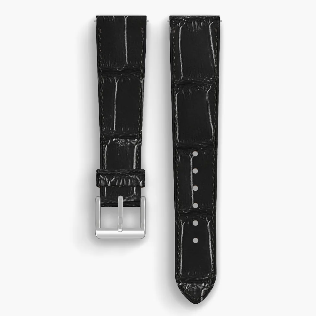 Black American Alligator Tail Lined Watch Strap - handmade leather, both halves grain side up, with the buckle fitted