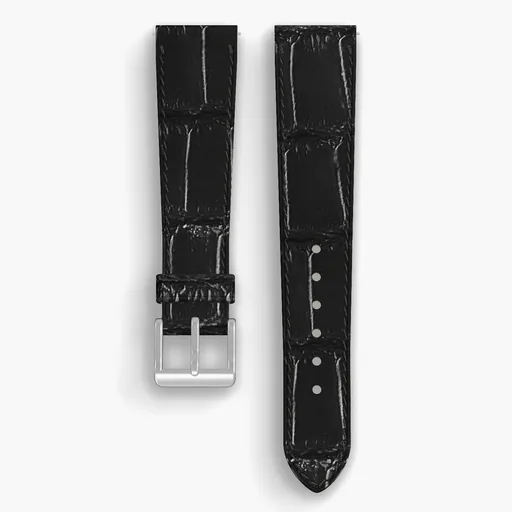 Black American Alligator Tail Lined Watch Strap - handmade leather, both halves grain side up, with the buckle fitted