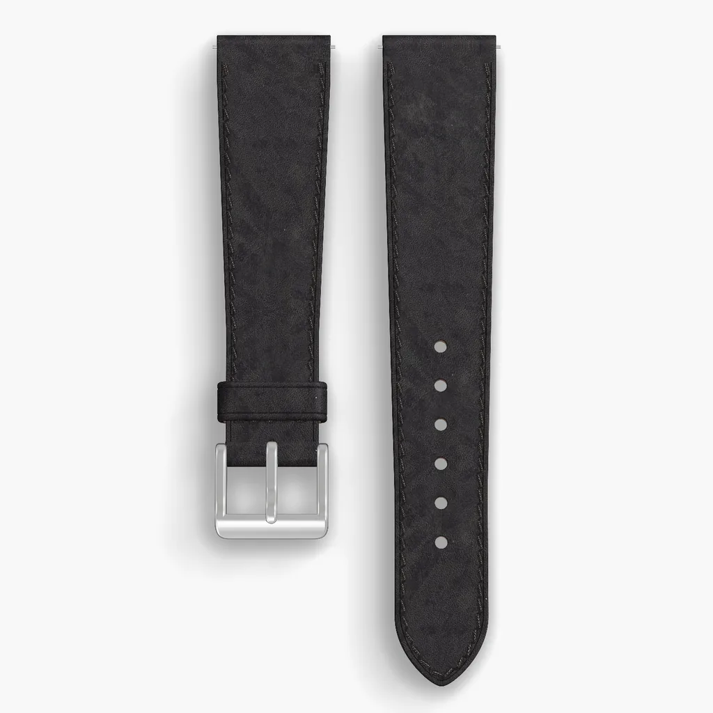 Black Derby Lined Watch Strap - handmade Horween leather, both halves grain side up, with the buckle fitted